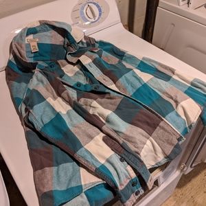 Plaid button down shirt - teal / gray / white